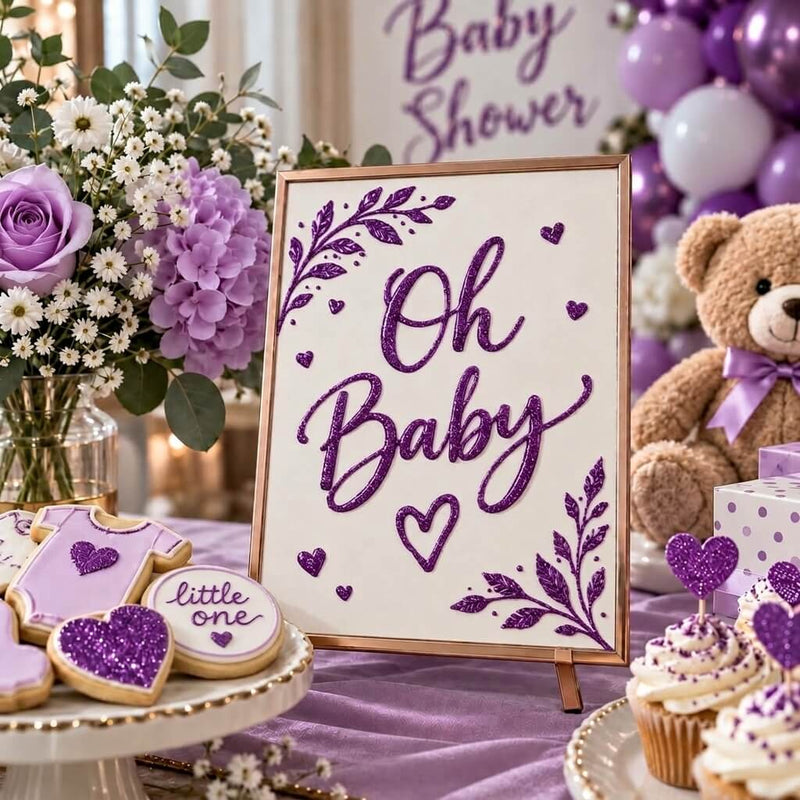 Baby shower sign with purple glitter lettering, surrounded by themed treats and decor - thumbnail number 7