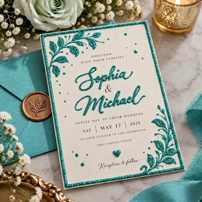Wedding invitation with turquoise glitter lettering, borders, and botanical designs - thumbnail number 2