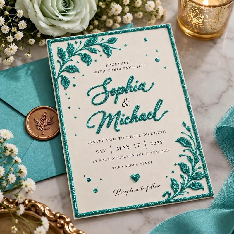 Wedding invitation with turquoise glitter lettering, borders, and botanical designs - thumbnail number 2