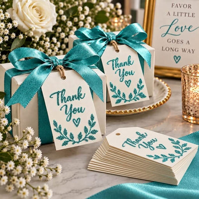 Gift boxes and thank you tags decorated with turquoise glitter lettering and bows - thumbnail number 6