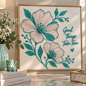 DIY floral canvas art created with turquoise glitter and pink paint, framed on a table - thumbnail number 8