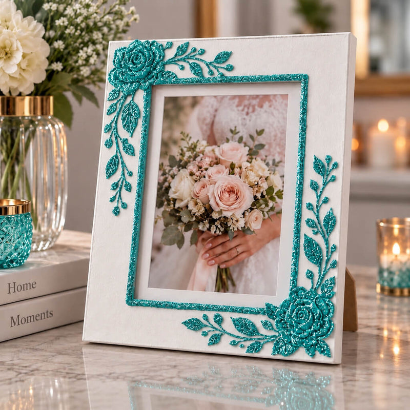 White picture frame decorated with turquoise glitter roses holding a wedding photo - thumbnail number 9