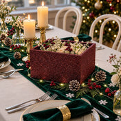 Square centerpiece box covered in metallic burgundy glitter filled with festive winter greens and berries - thumbnail number 4