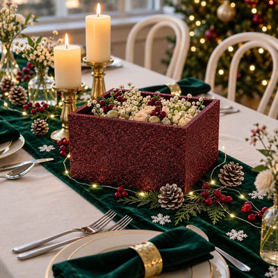 Square centerpiece box covered in metallic burgundy glitter filled with festive winter greens and berries - thumbnail number 4