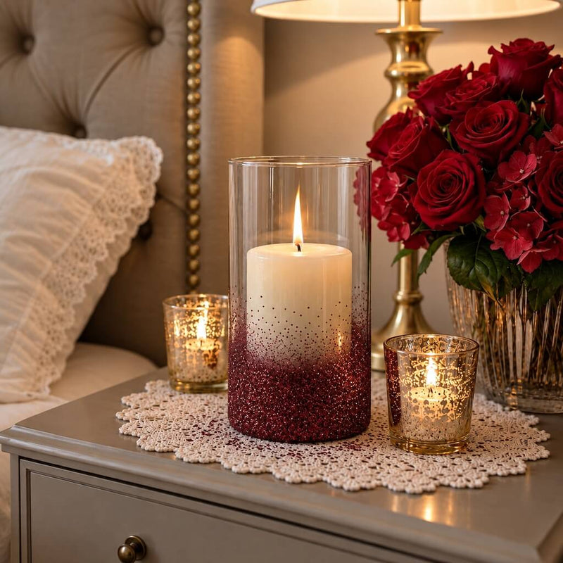 Glass cylinder candle holder decorated with metallic burgundy glitter on a bedside table - thumbnail number 8