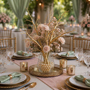 Metallic gold manzanita branches with pink flowers in a pearl-filled vase centerpiece - thumbnail number 6