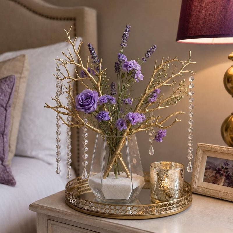 Metallic gold manzanita branches with purple flowers and crystal dangles in a glass vase - thumbnail number 9