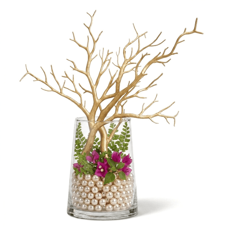 Metallic gold manzanita branches in a glass vase with faux flowers and decorative pearls - thumbnail number 2