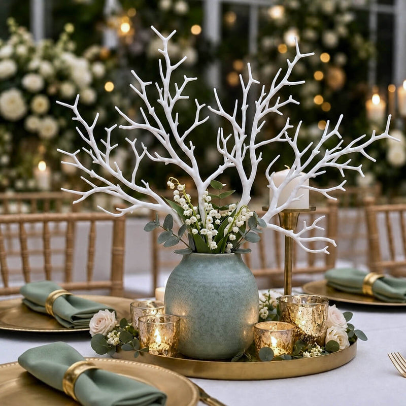 White artificial manzanita tree branches arranged in a vase as a centerpiece on a formal table - thumbnail number 6