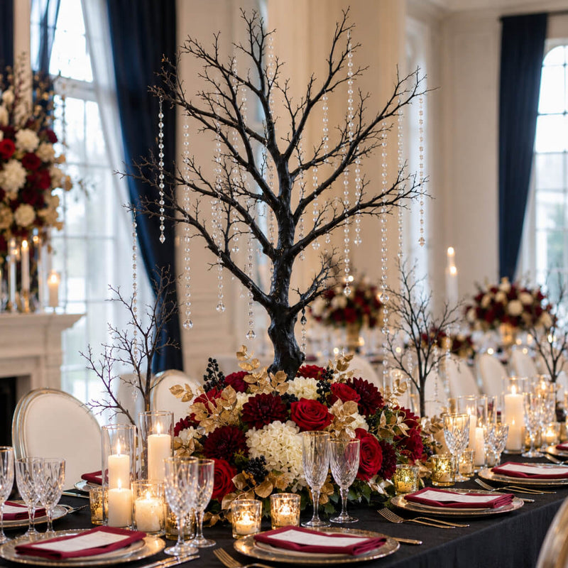34 inch black manzanita tree with crystal bead chains, red and white floral base, on dining table - thumbnail number 2