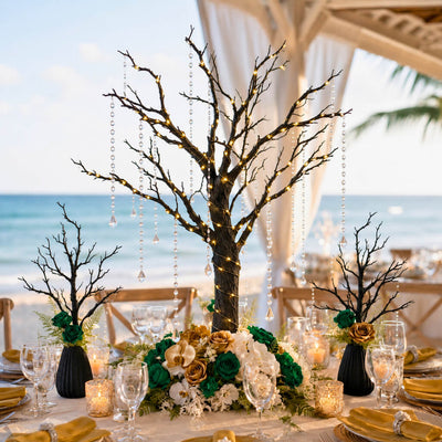 34" artificial black manzanita tree with lights and bead chains on a decorated beach table - thumbnail number 3