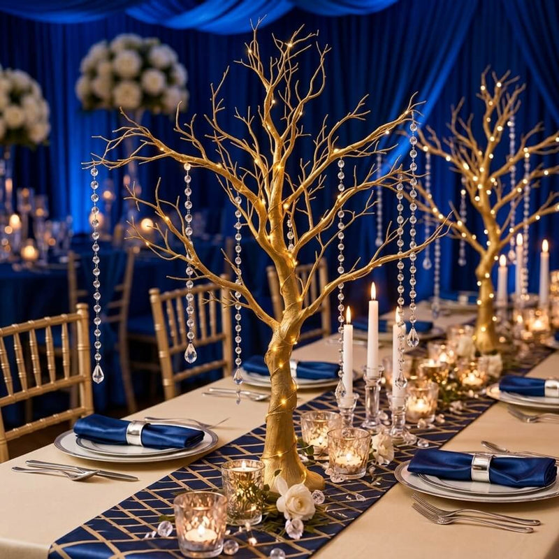 34-inch metallic gold manzanita tree centerpiece with acrylic bead chains on a table - thumbnail number 3