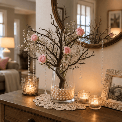 Manzanita tree centerpiece in a glass vase with pearls, pink roses, and acrylic beads - thumbnail number 7