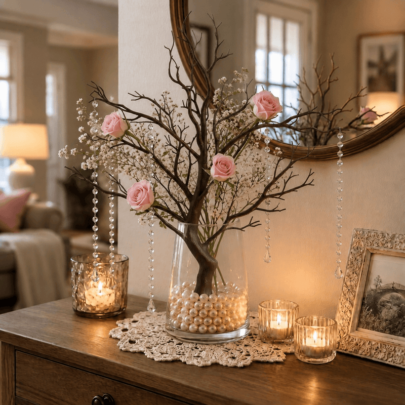 Manzanita tree centerpiece in a glass vase with pearls, pink roses, and acrylic beads - thumbnail number 7