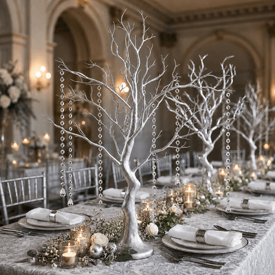 Metallic silver manzanita tree centerpiece with acrylic bead chains for elegant weddings - thumbnail number 4