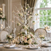 Artificial white manzanita tree centerpiece with flowers and hanging crystal chains on a table - thumbnail number 3