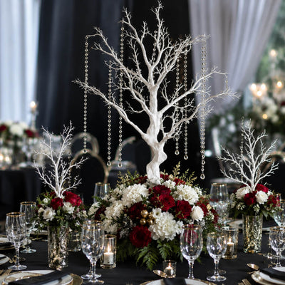 Artificial white manzanita tree centerpiece with hanging crystal chains on a decorated table - thumbnail number 5