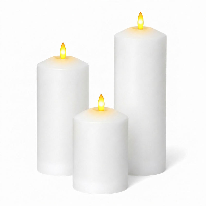 Assorted bullet LED wax candles glowing on white background - thumbnail number 2