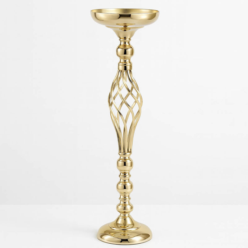Set of 2 Gold Metal Pillar Candle Holders 26" – Reversible Flower Ball Pedestal Design for Event Centerpieces - thumbnail number 1