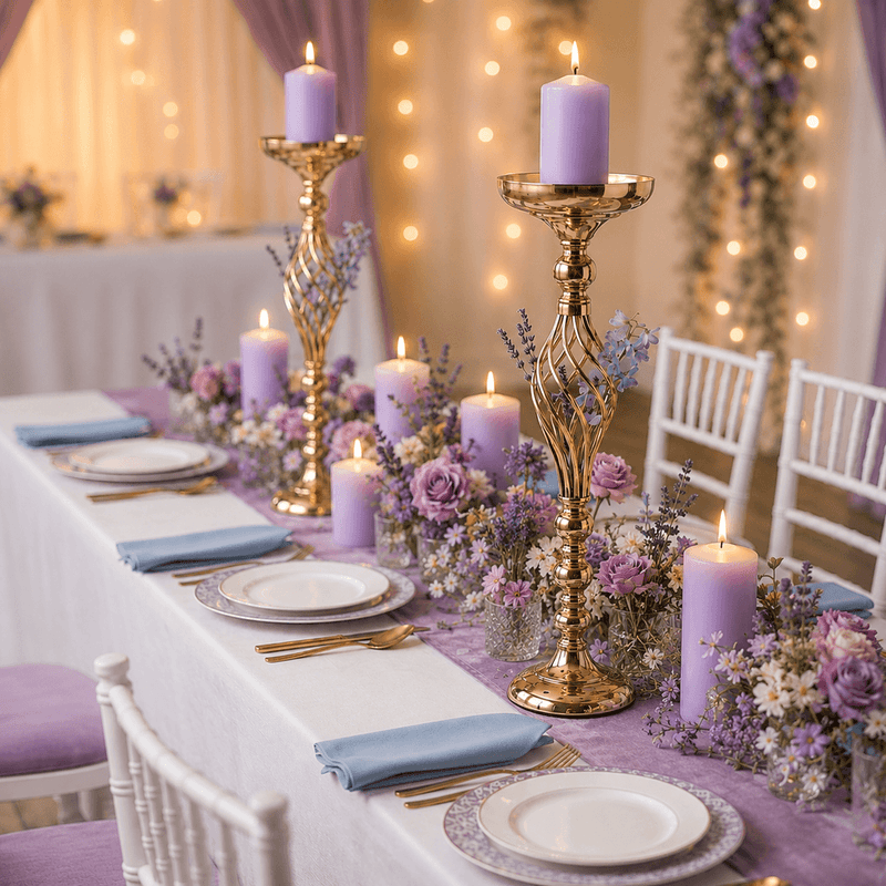 Gold pillar candle holders with purple candles and lavender floral centerpieces - thumbnail number 2