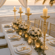Gold pillar candle holders with white florals on beach wedding table - thumbnail number 4