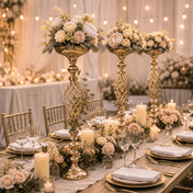 Gold pillar candle holders styled with floral arrangements as wedding centerpieces - thumbnail number 6