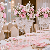 Tall crystal beaded acrylic stand displaying a pink and white floral arrangement for weddings - thumbnail number 2