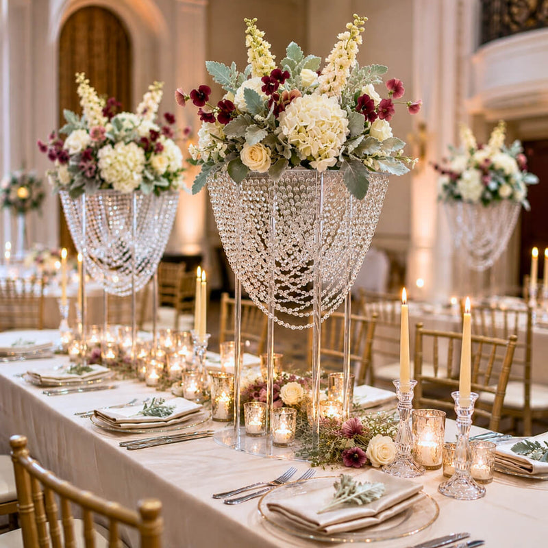 Tall crystal beaded acrylic stands displaying floral arrangements at a wedding reception - thumbnail number 3