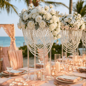 Tall crystal beaded acrylic stand displaying a white rose floral arrangement for a beach wedding - thumbnail number 6
