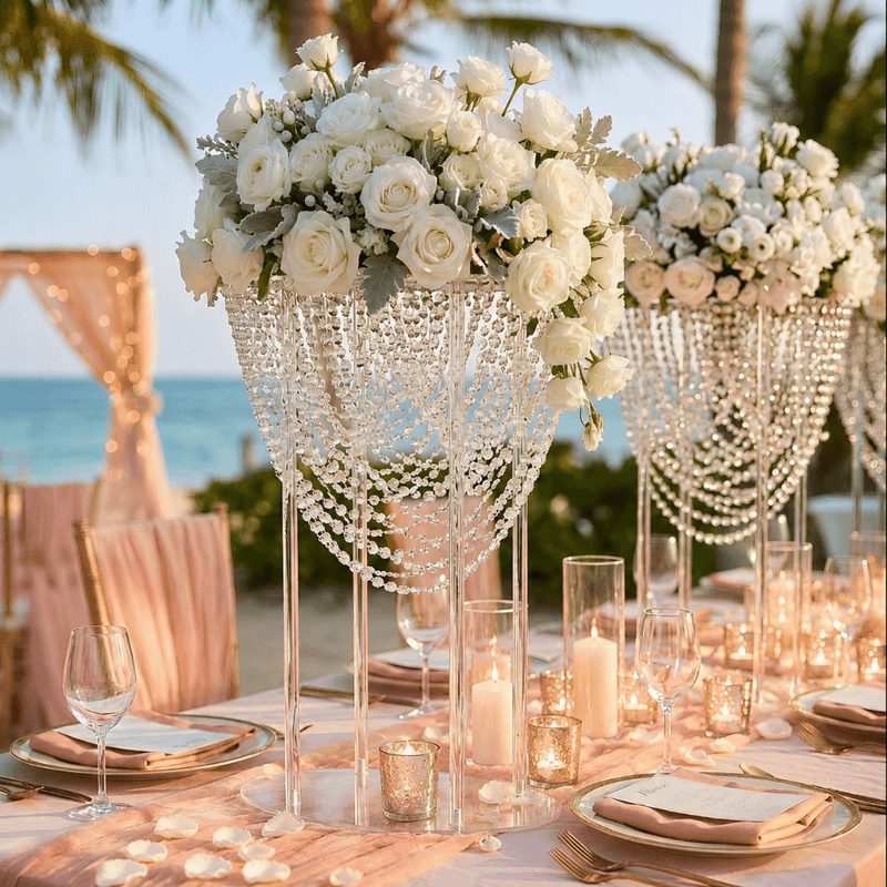 Tall crystal beaded acrylic stand displaying a white rose floral arrangement for a beach wedding - thumbnail number 6