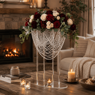 Tall crystal beaded acrylic stand displaying a red and white floral arrangement on a table - thumbnail number 7