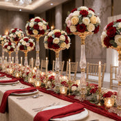 Tall gold and clear acrylic stands with red and white floral centerpieces - thumbnail number 2