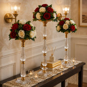 Gold and clear acrylic pillar stands with red and white floral balls - thumbnail number 5