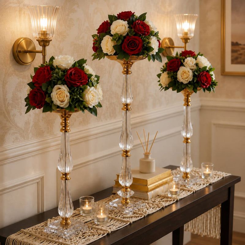 Gold and clear acrylic pillar stands with red and white floral balls - thumbnail number 5