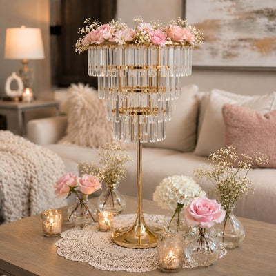 4-Tier Gold Crystal Pendant Table Centerpiece Chandelier 38" – Round Metal Vase Pedestal with Hanging Crystals - thumbnail number 8