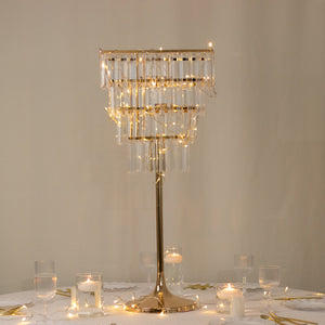 4-Tier Gold Crystal Pendant Chandelier Table Centerpiece 38" – Metal Flower Stand with Square Frame and Hanging Crystals