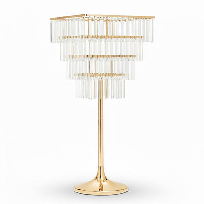 4-Tier Gold Crystal Pendant Chandelier Table Centerpiece 38" – Metal Flower Stand with Square Frame and Hanging Crystals - thumbnail number 1
