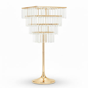 4-Tier Gold Crystal Pendant Chandelier Table Centerpiece 38" – Metal Flower Stand with Square Frame and Hanging Crystals