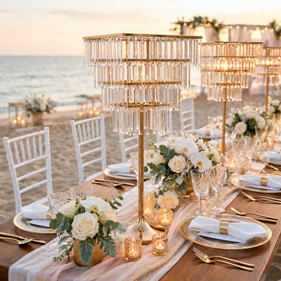 4-Tier Gold Crystal Pendant Chandelier Table Centerpiece 38" – Metal Flower Stand with Square Frame and Hanging Crystals - thumbnail number 3