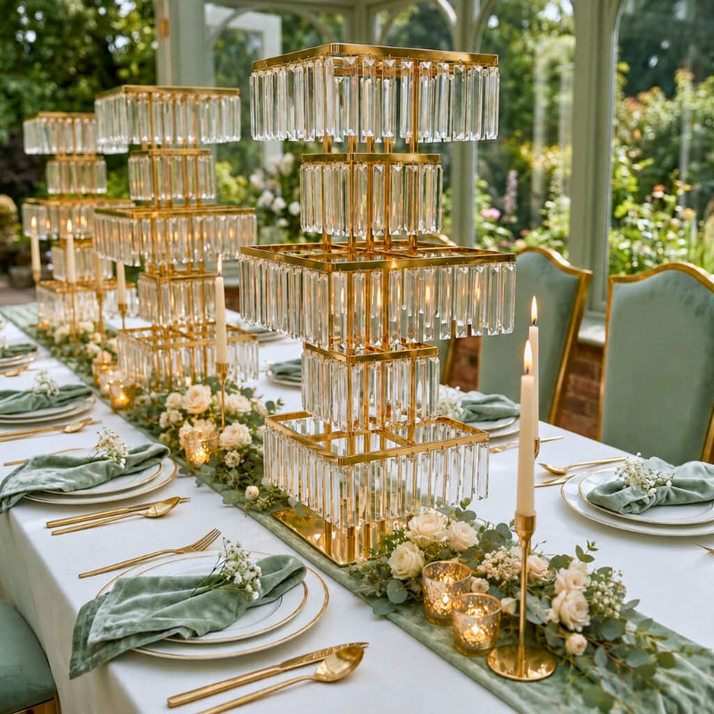 5-Tier Gold Crystal Pendant Chandelier Table Centerpiece 40" – Metal Flower Stand with Square Frame and Hanging Crystals - thumbnail number 3