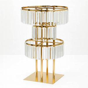 3-Tier Gold Crystal Pendant Table Centerpiece Chandelier 27" – Round Metal Vase Pedestal with Hanging Crystals