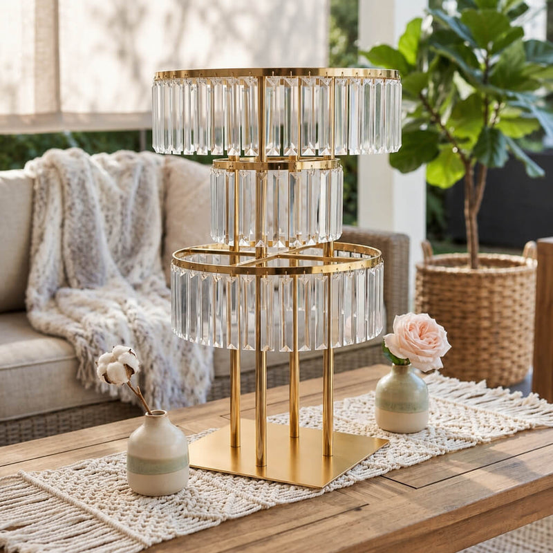 3-tier gold crystal pendant chandelier centerpiece on an outdoor patio table - thumbnail number 8
