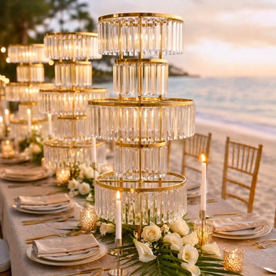 5-Tier Gold Crystal Pendant Table Centerpiece Chandelier 40" – Round Metal Vase Pedestal with Hanging Crystals - thumbnail number 4