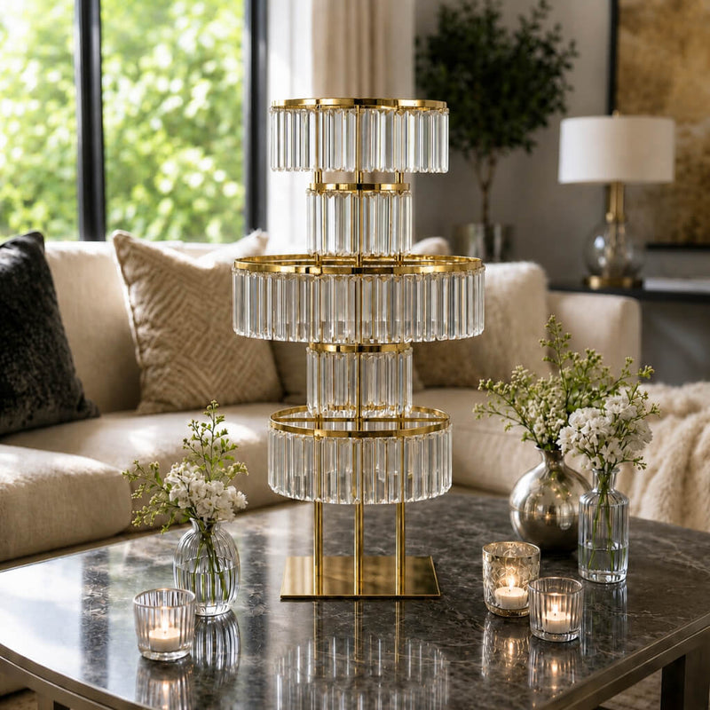 5-Tier Gold Crystal Pendant Table Centerpiece Chandelier 40" – Round Metal Vase Pedestal with Hanging Crystals - thumbnail number 6