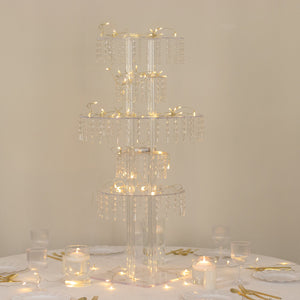39" Tall 5-Tier Acrylic Chandelier Flower Stand with Hanging Crystals – Clear Table Centerpiece Display Tower