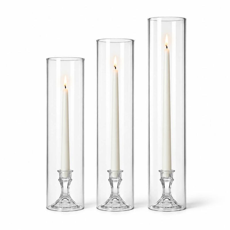 Set of 3 glass chimney candle shades with lit taper candles - thumbnail number 3
