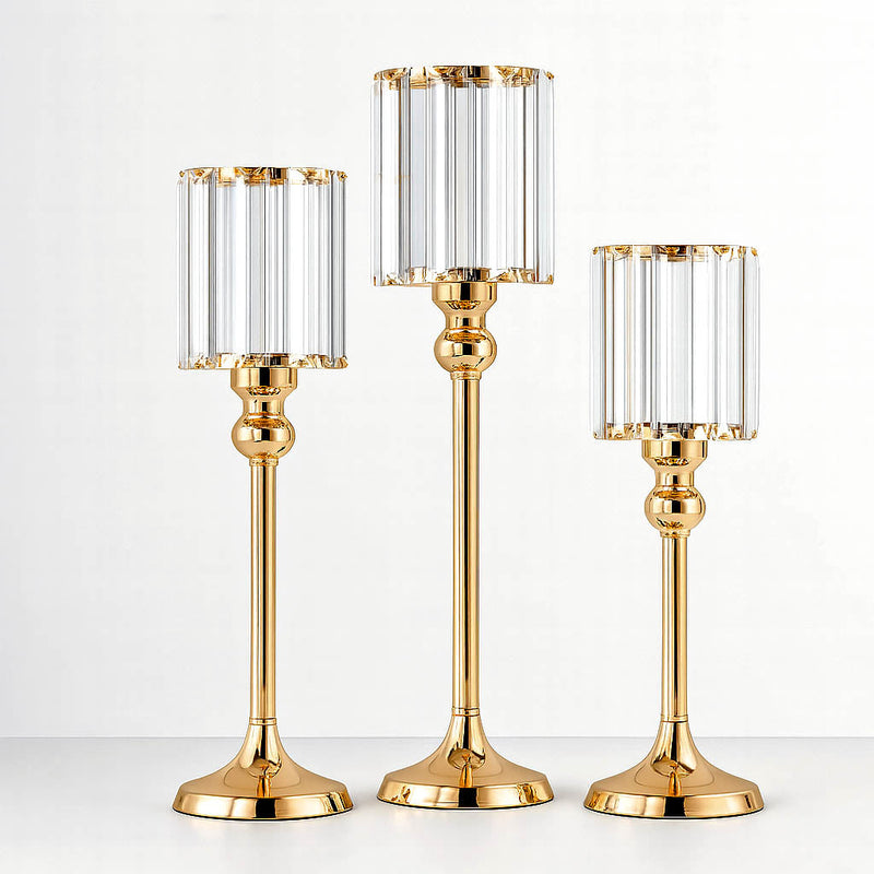 Gold Crystal Pendant Hurricane Candle Holders – Set of 3 Elegant Cylindrical Table Centerpieces for Pillar Candles, 11", 13", 15" - thumbnail number 1