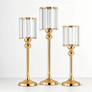 Gold Crystal Pendant Hurricane Candle Holders – Set of 3 Elegant Cylindrical Table Centerpieces for Pillar Candles, 11", 13", 15"