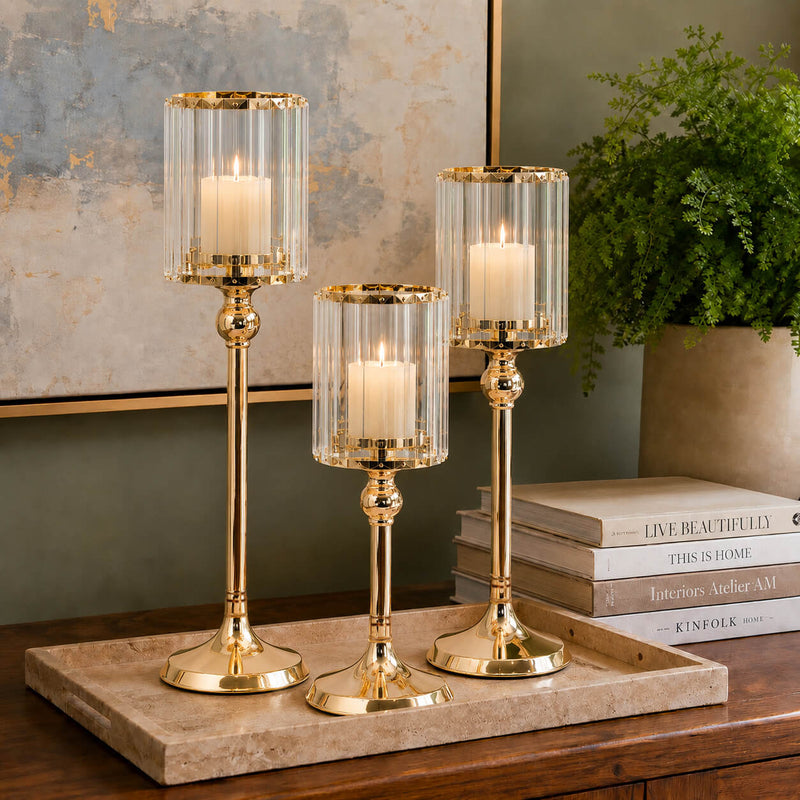Gold Crystal Pendant Hurricane Candle Holders set on a tray - thumbnail number 6