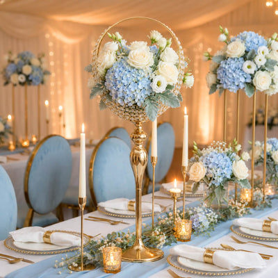 3ft gold metal candle holder stand with crystal beaded basket in a blue and white wedding reception - thumbnail number 4